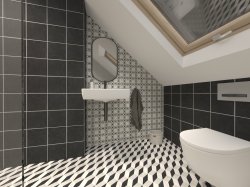 Podkrovní koupelna s retro obklady a dlažbou Paradyz