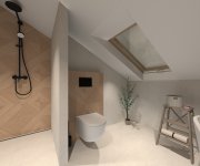 Vizualizace elegantní hnědobéžové koupelny s dlažbou jako kámen Cerdomus Croatia Avorio Safe a obkladem jako dřevo Colorker Wood Story