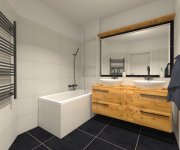Vizualizace elegantní černobílé koupelny s plastickým obkladem Alaplana Ruano Blanco Mosaic Matt. + Rett. 33,3x90