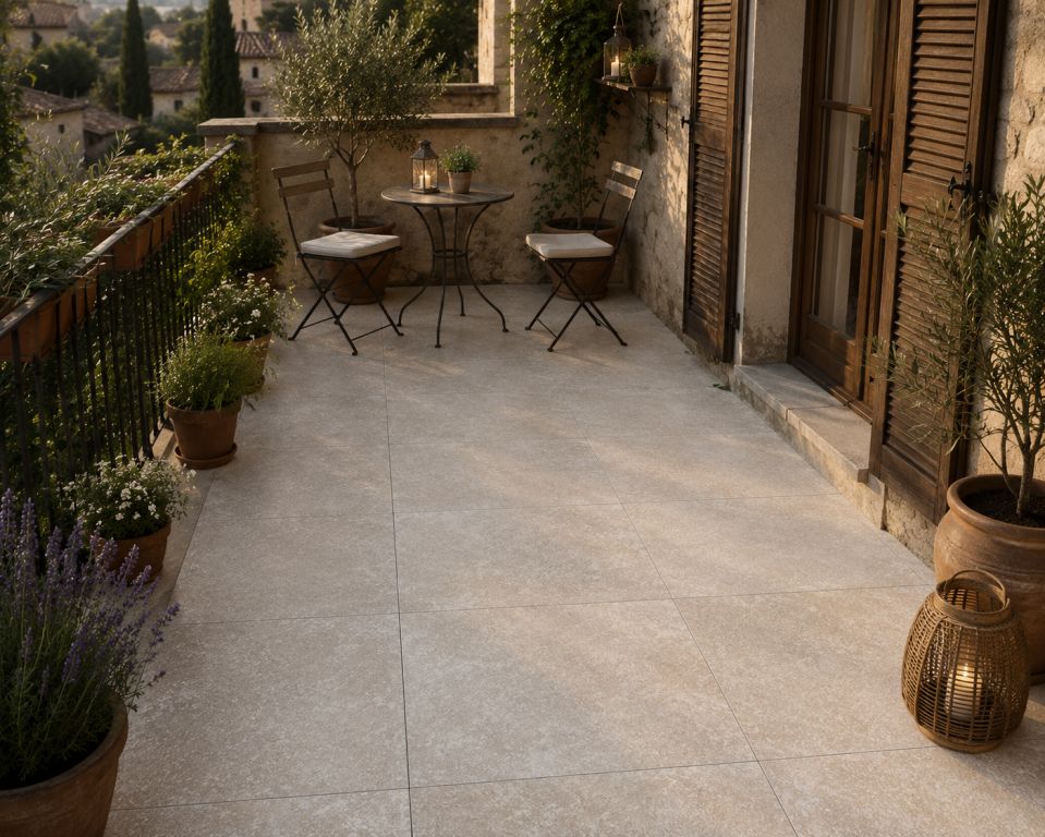 Realizace Rustikální balkon s dlažbou Deceram Outdoor DOS Travertin Beige 