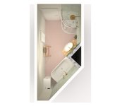 Vizualizace romantické zelenorůžové koupelny s dlažbou Codicer Basic Rose Hex a obkladem ze série Marca Corona Lilysuite