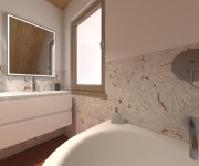 Vizualizace koupelny s cihlovou dlažbou Marca Corona Multiforme Dune a obkladem Marca Corona Mirabilia Coral Jungle