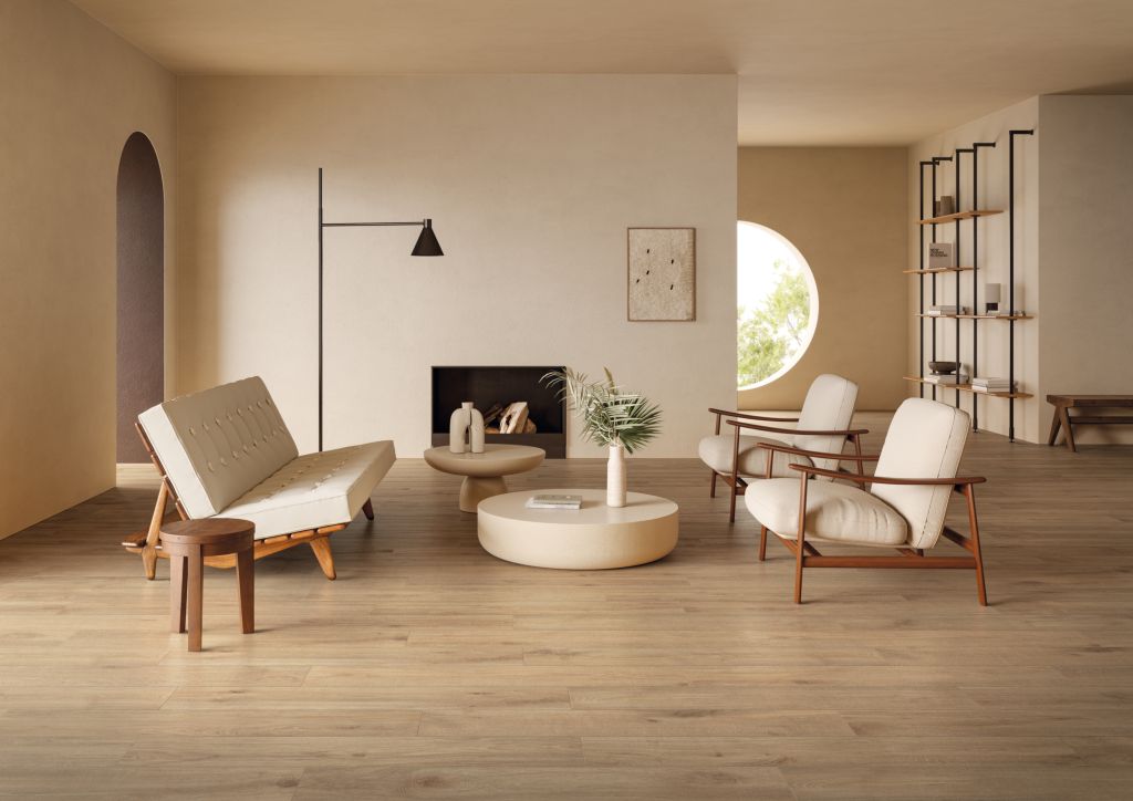 Realizace Hnědá dlažba jako dřevo ze série Impronta Linfa. 