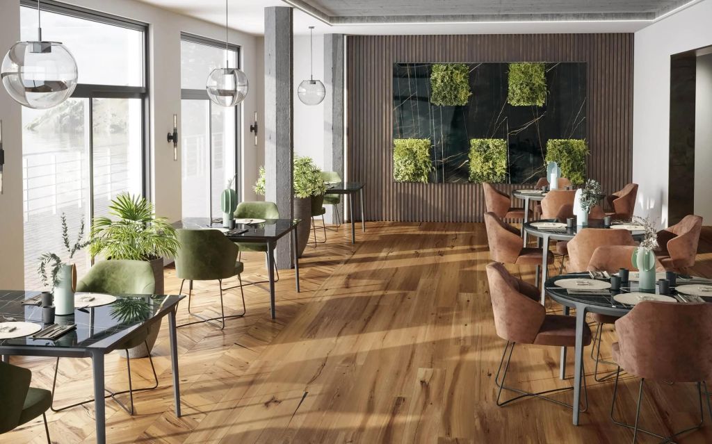 Realizace Restaurace z dlažby imitace dřeva ze série Sichenia Parkett Graz Satin
