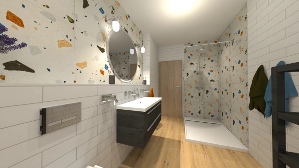 Kombinace dlažby jako dřevo Sichenia Parkett s terrazzo dlažbou Cerpa OBI