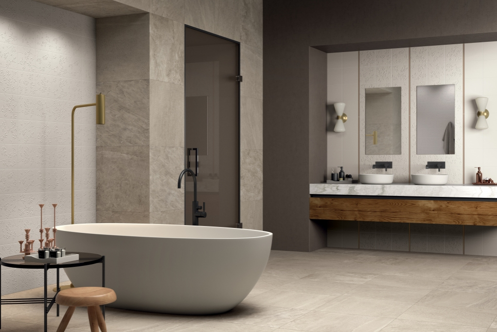 Realizace Dlažba a obklady do KOUPELNY Marca Corona 4D Nature White & Matrix Grey