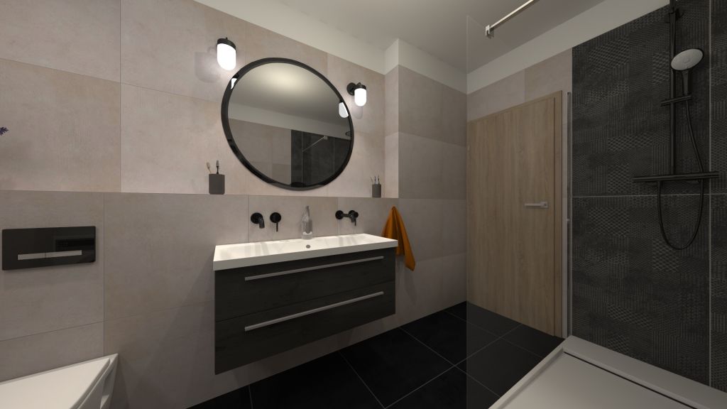 Realizace Vizualizace moderní béžovočerné koupelny s obklady ze série Gigacer 6 Concept 1 