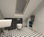 Černobílá podkrovní geometrická koupelna s dažbou a obkladem Paradyz Ceramika Modern