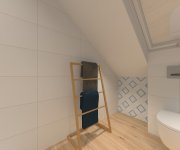 Modrobílá koupelna s geometrickým retro obkladem Bestile Pamesa Harmony Draw Squares a dlažbou jako dřevo Sichenia Pakett