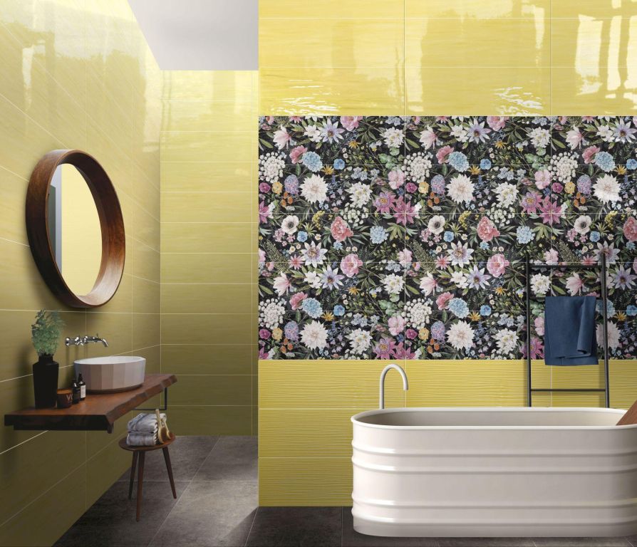 Realizace Žlutá veselá koupelna Brennero Bloomy 25x75cm