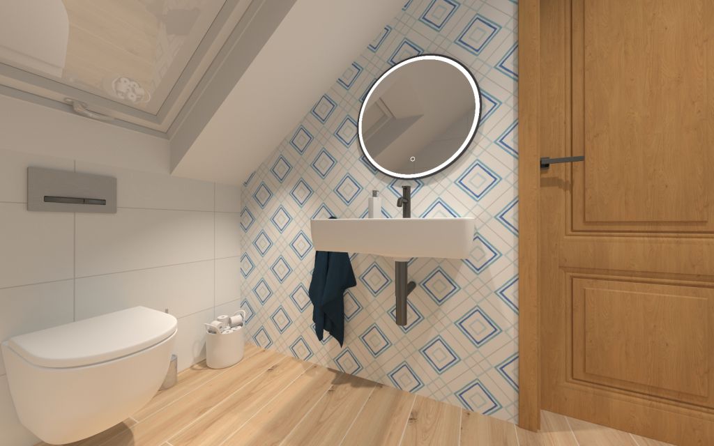 Realizace Modrobílá koupelna s geometrickým retro obkladem Bestile Pamesa Harmony Draw Squares a dlažbou jako dřevo Sichenia Pakett