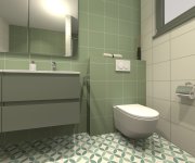 Vizualizace zelenobéžové koupelny s dlažbou Codicer Riviera Nice Green a obkladem Codicer Basic