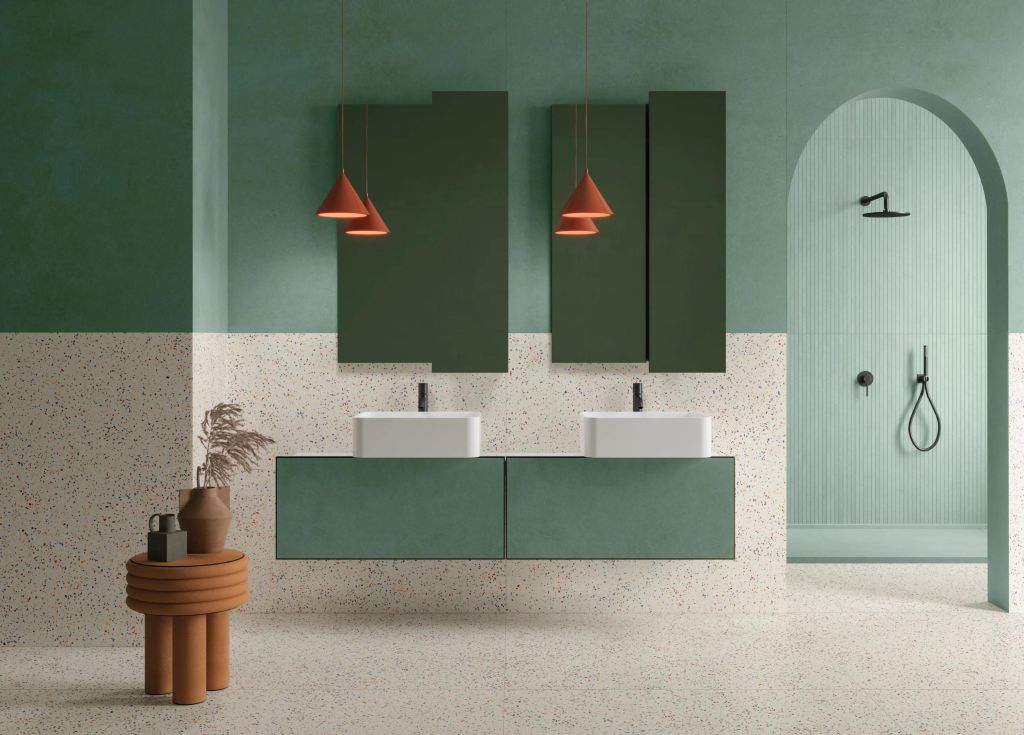 Realizace Moderní koupelna s terrazzo dlažbou ze série Impronta Decora
