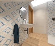 Modrobílá koupelna s geometrickým retro obkladem Bestile Pamesa Harmony Draw Squares a dlažbou jako dřevo Sichenia Pakett