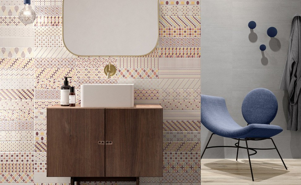 Realizace Hravé a originální obklady Sant Agostino Decorline Patternbrick Multi Warm 7,3x30cm