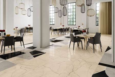 Restaurace s dlažbou jako mramor ze série Fioranese Soud of Marbles.