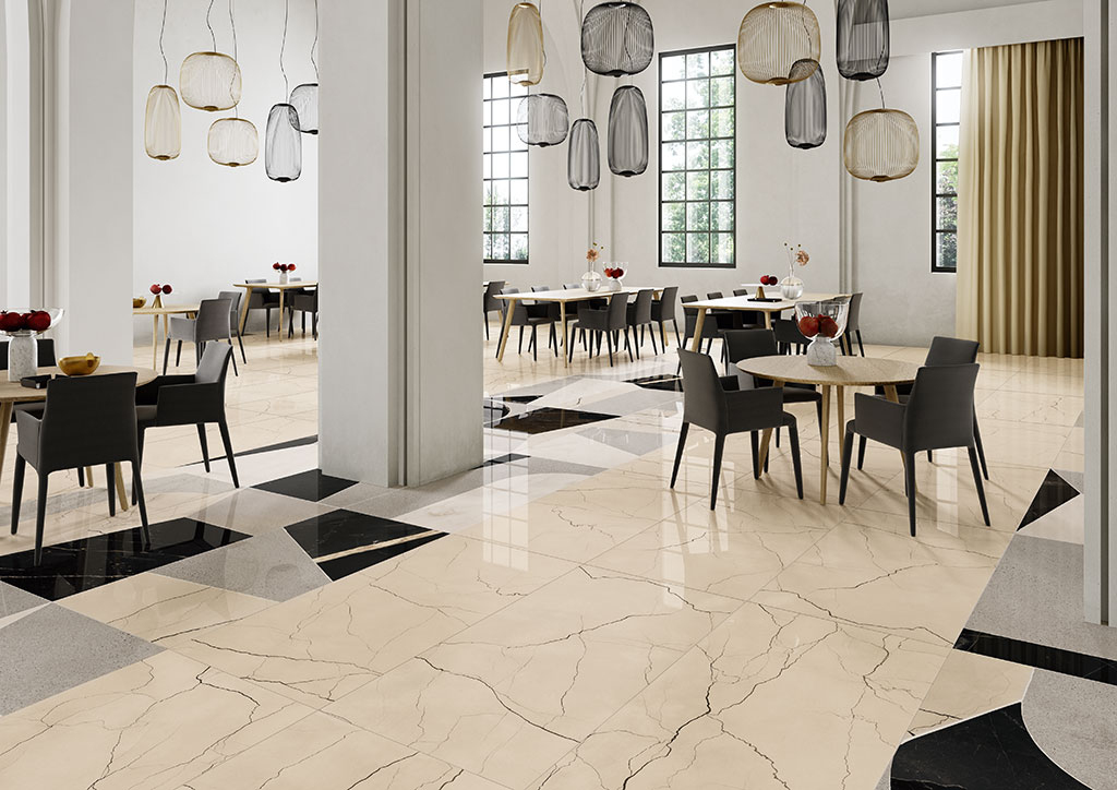 Realizace Restaurace s dlažbou jako mramor ze série Fioranese Soud of Marbles.