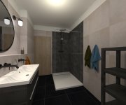 Vizualizace moderní béžovočerné koupelny s obklady ze série Gigacer 6 Concept 1 