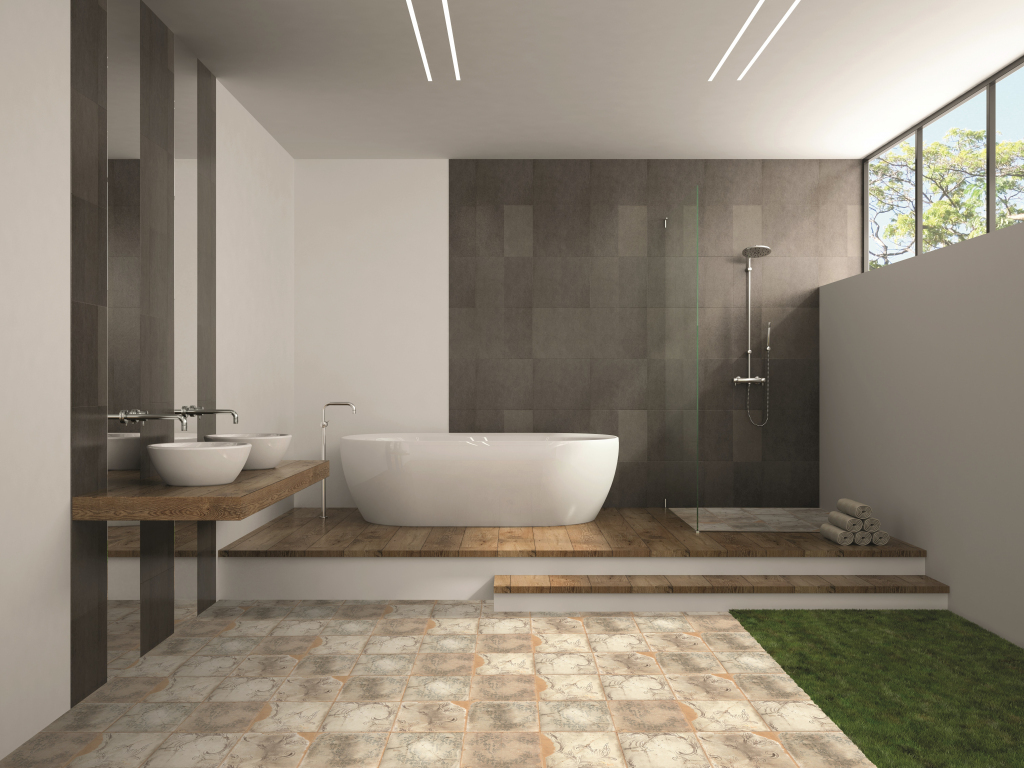 Realizace Dlažba do KOUPELNY s dekorací Da Vinci cerámica Porcelain Adobe