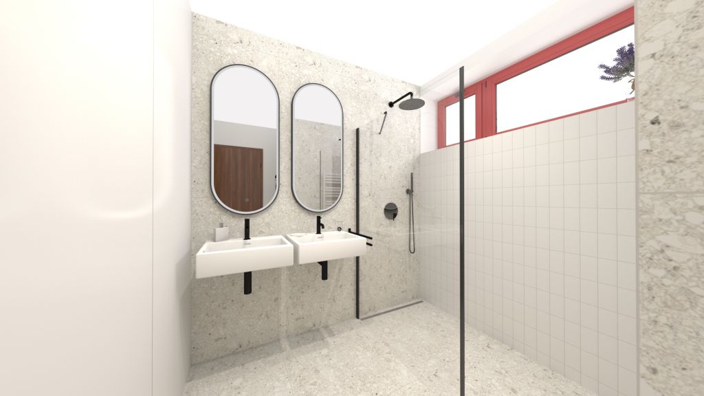 Realizace Vizualizace světlé koupelny s dlažbou jako kámen Tuscania Ceppo di gré White