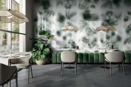 Restaurace s velkoformátovým dekorovaným obkladem ze série Flaviker Art Walls