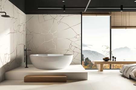 Realizace luxusní koupelny Cement Effect Ivory a Metal Groove Ivory ze serie Wide Gress 280