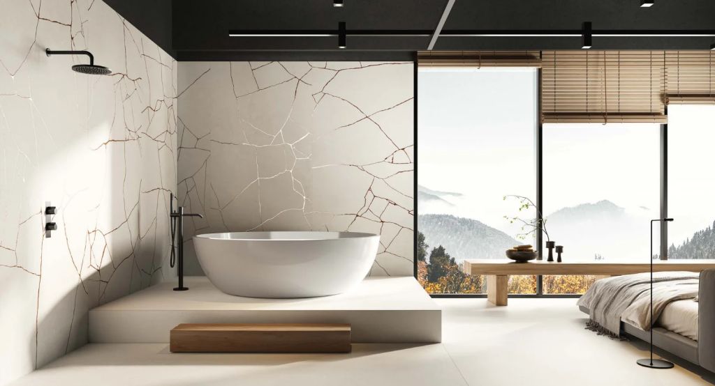 Realizace Realizace luxusní koupelny Cement Effect Ivory a Metal Groove Ivory ze serie Wide Gress 280