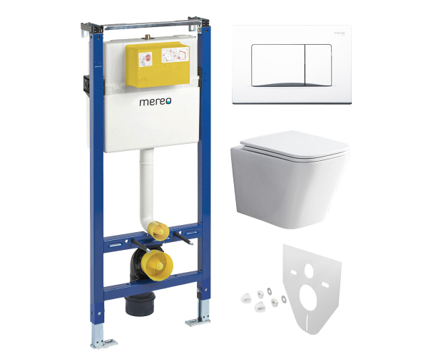 Mereo Wc Set - Rimless Wc Hranaté, Modul Pro Sádrokarton, Bílé Hranaté Tlačítko