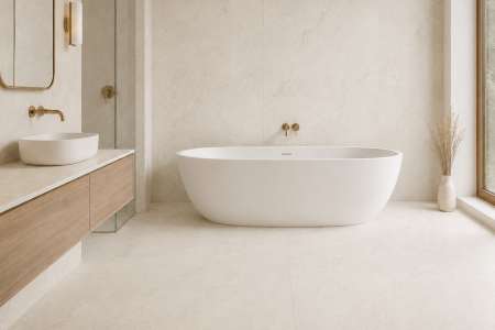 Elegantní koupelna s dlažbou Navarti Discover Crema