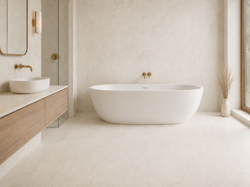 Realizace Elegantní koupelna s dlažbou Navarti Discover Crema