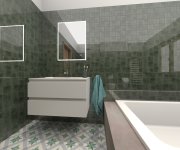 Vizualizace zelenošedé koupelny se vzorovanou dlažbou Codicer Riviera a obkladem ze série Elios Clay
