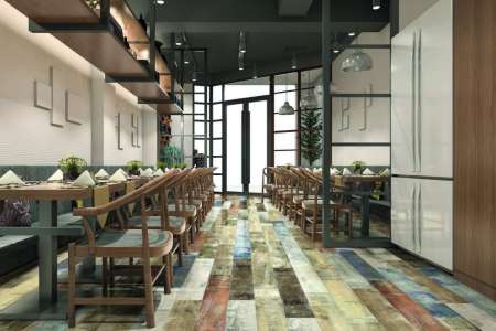 Pestrá dlažba v imitaci dřeva vhodná do restaurace