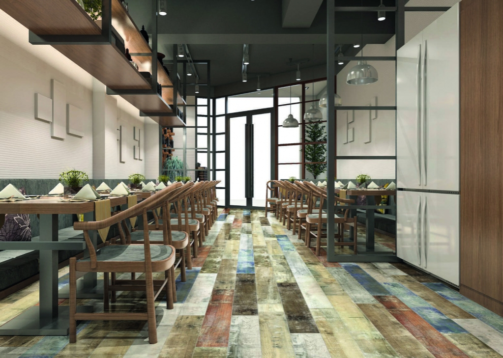 Realizace Pestrá dlažba v imitaci dřeva vhodná do restaurace od výrobce Absolut Keramika Caicos