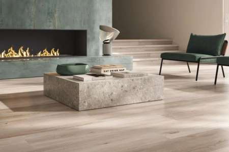 Four Seasons Biscuit 30x120 a Rebel Emerald 120x280 - dlaždice firmy Flaviker