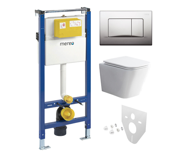 Mereo Wc Set - Rimless Wc Hranaté, Modul Pro Sádrokarton, Chrom Hranaté Tlačítko Matné