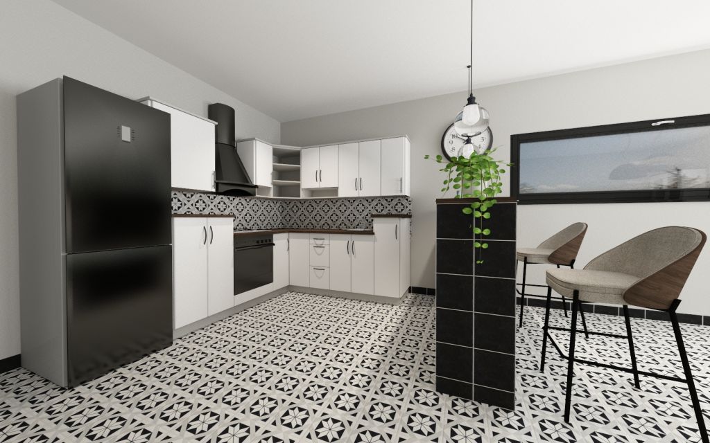 Realizace Černobílá kuchyně s dažbou a obkladem Paradyz Ceramika Modern