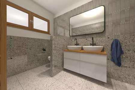 Vizualizace béžové terrazzo koupelny s obklady a dlažbou ze série Prissmacer Beko