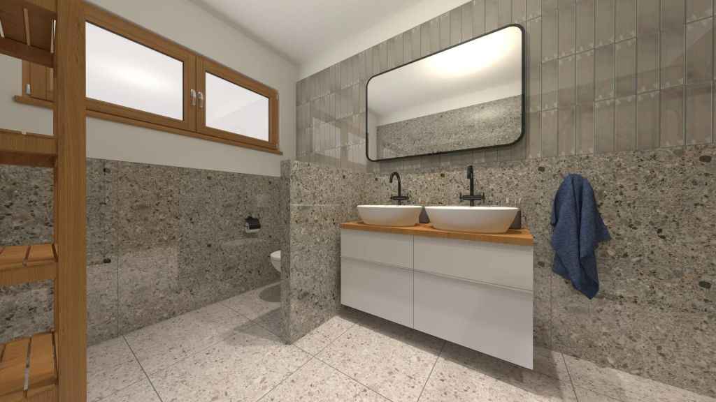 Realizace Vizualizace béžové terrazzo koupelny s obklady a dlažbou ze série Prissmacer Beko