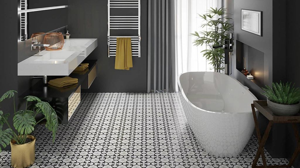 Realizace Černo bílá koupelna Codicer Dalia Black 25x25