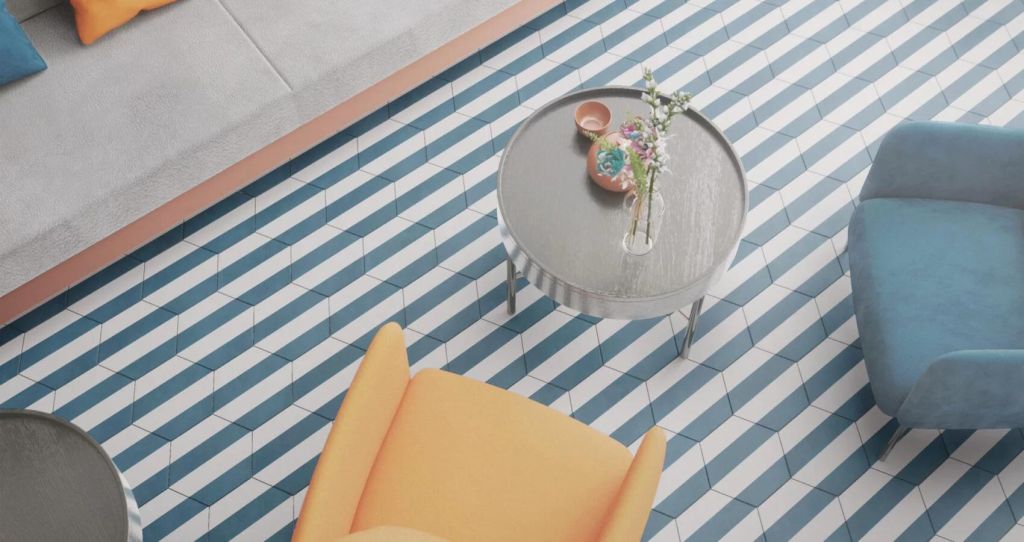 Realizace Bílo modrá dlažba v šestihranu Meraki Stripe Azul (Bestile)