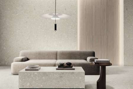 Béžový obývací pokoj s obkladem APE Greystone | Inspirace interiéru
