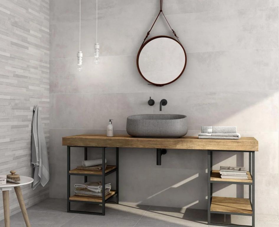 Realizace Elegantní velkoformátové obklady Bestile Pamesa Vestal Arena 40x120 v designu betonu