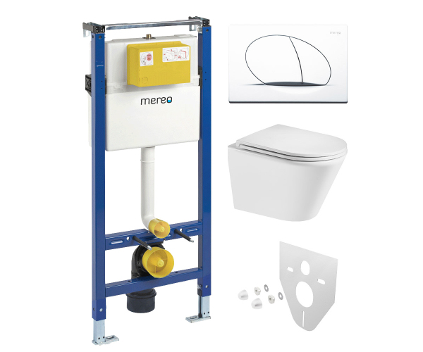 Mereo Wc Set - Smart Flush Rimless Wc Oblé, Modul Pro Sádrokarton, Bílé Oválné Tlačítko