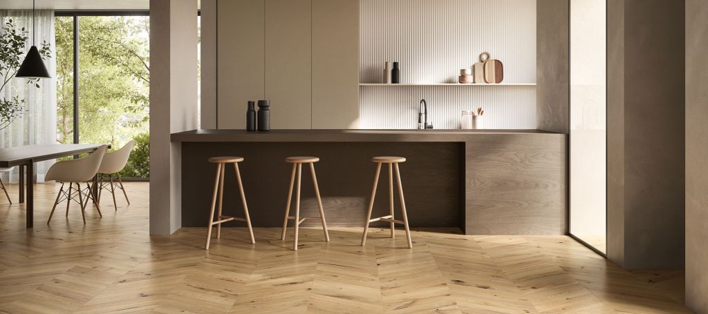 Realizace Jídelna s dlažbou Piemme Solorovere Loft Chevron 