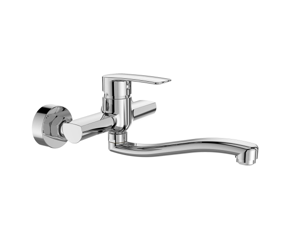 Mereo Dřezová Nástěnná Baterie, Pego, 150 Mm, S Ramínkem Plochým Vyhnutým 200 Mm, Chrom