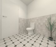 Vizualizace zelenobílé retro koupelny s dlažbou jako kámen Estudio Renaissance Corner a obkladem Equipe Artisan