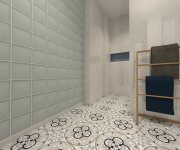 Elegantní koupelna - kombinace luxferů, retro dlažby, mozaikových obkladů a jemné tapety