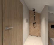 Vizualizace elegantní hnědobéžové koupelny s dlažbou jako kámen Cerdomus Croatia Avorio Safe a obkladem jako dřevo Colorker Wood Story