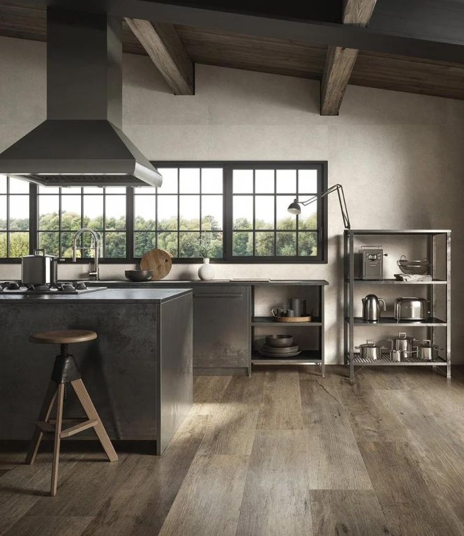 Realizace Moderní kuchyně s větší imitací dřeva Sant Agostino Yorkwood Brown 30x180
