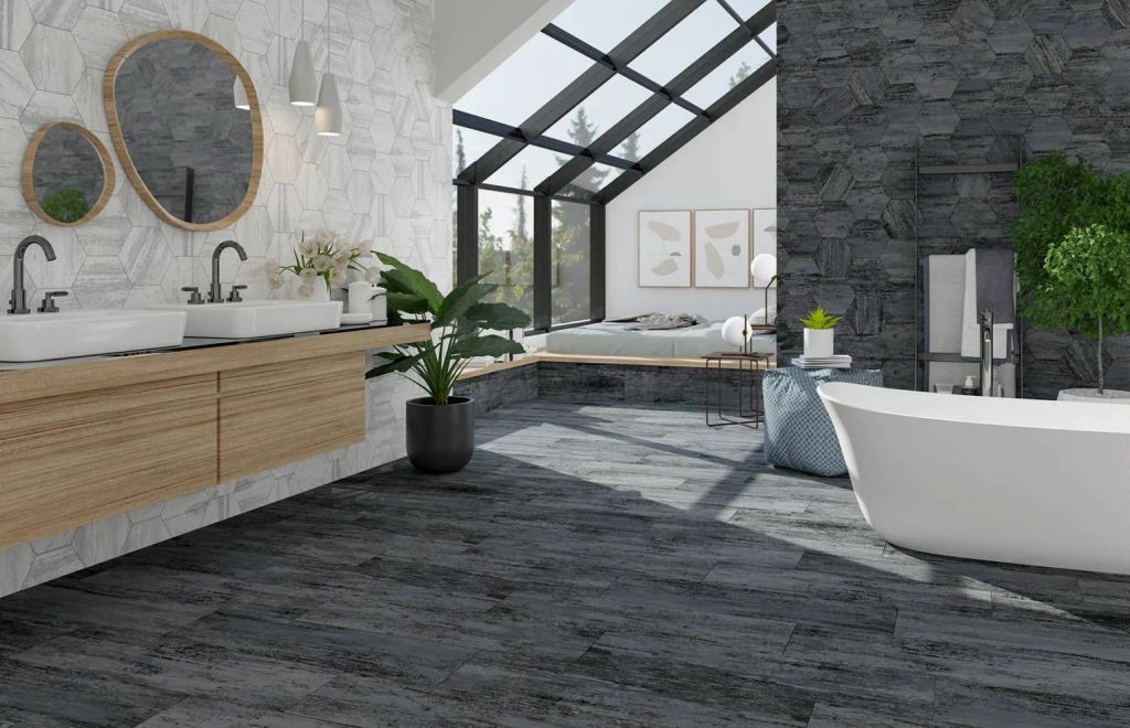 Realizace Moderní černá imitace dřeva Arte Cassis Black